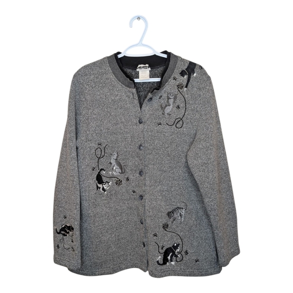 Vintage Bon Worth Woman Large Grandma Cat Embroidered Button Down Cardigan Grey - Picture 1 of 12